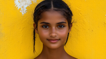 Poster - A young woman with dark hair and brown eyes is smiling at the camera. She is wearing a yellow shirt and her hair is in a ponytail