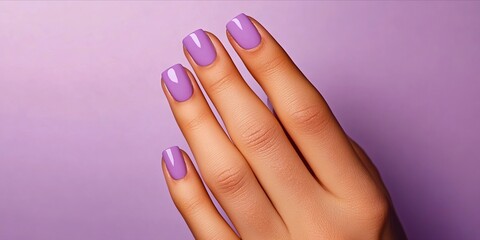 Wall Mural - A woman's hand with a purple manicure on a purple background