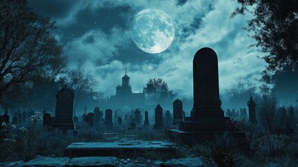 Poster - Eerie atmosphere of an old cemetery under a cloudy moonlit night with digital noise effect