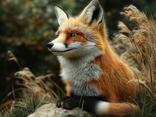 Sticker - Red Fox Sitting in a Forest - Wildlife Photography