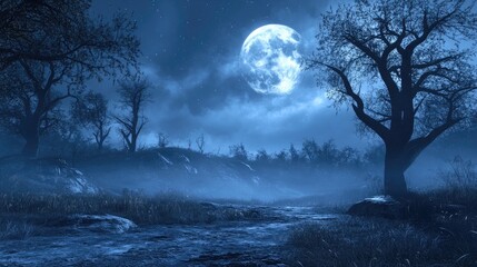 Wall Mural - Spooky night scene with a full moon