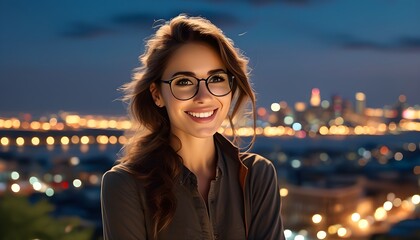 Wall Mural - Joyful designer enjoying the vibrant city at night, embracing freedom and creativity while finding relaxation in her bustling surroundings