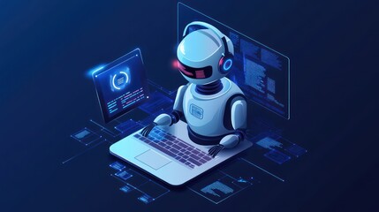 White Robot Wearing Headphones Using a Laptop Computer