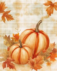 Canvas Print - Seasonal background with pumpkins fall leaves and plaid texture in soft colors