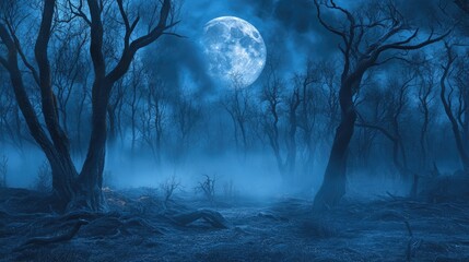 Wall Mural - misty forest with dry trees and full moon in dark night setting