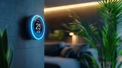 a photostock image of a high-tech smart thermostat with augmented reality, showing temperature settings, energy-saving modes, and remote control options in a modern home