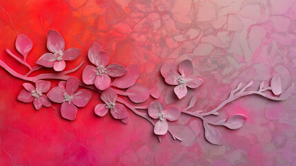 Wall Mural - Delicate pink flowers embossed on a textured background.