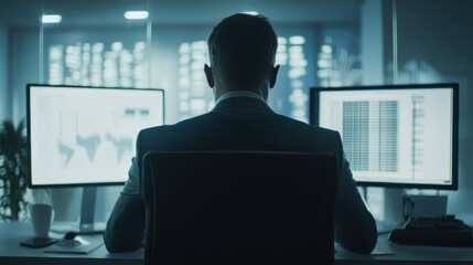 Silhouetted Businessman Working at a Desk with Two Monitors