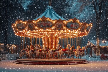 Wall Mural - Illuminated carousel in a snowy Christmas village at night, horizontal banner, copy space. Soft focus. holiday magic, winter wonderland, festive amusement, Christmas celebration