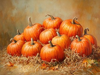 Poster - Autumn harvest of pumpkins on straw