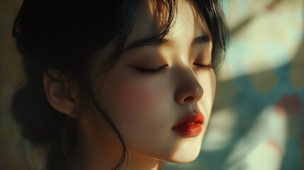 Poster - Close-up Portrait of a Woman with Eyes Closed in Soft Sunlight