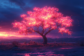 Wall Mural - a tree with branches that are made of glowing neon lights, blending nature with modern technology.