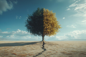 Wall Mural - a tree split down the middle, with one side lush and green and the other side bare and leafless, rep