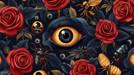 Canvas Print - halloween micro stock image pattern featuring eyeballs insects and red roses on dark background