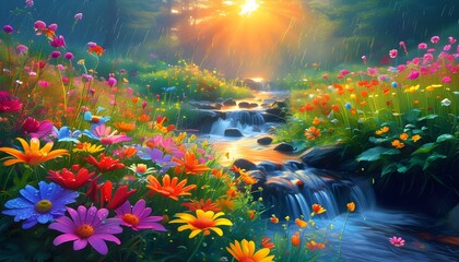 Wall Mural - Spring morning dreamscape of vibrant wildflowers, glistening streams, and enchanting waterfalls bathed in warm sunshine and adorned with dewdrops