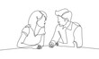© Наталья Дьячкова - Woman and Man Talking Continuous One Line Drawing. Work Process Minimal Black One Line Drawing on White Background. Business Concept Abstract Linear Sketch Drawing. People Modern Design. Vector EPS 10