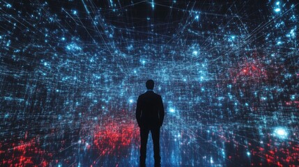 Businessman stands in front of a digital network of glowing lines, symbolizing connection, data, and communication.