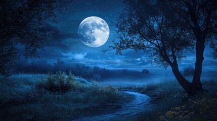 Poster - Surreal fantasy theme full moon night sky backdrop