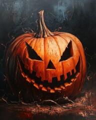 Wall Mural - Halloween pumpkin jack o lantern on dark backdrop