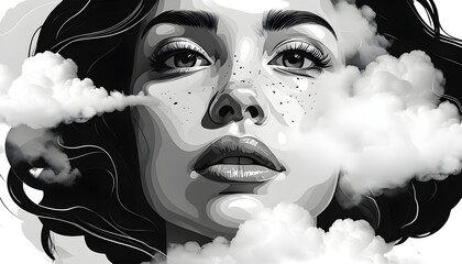 Wall Mural - Abstract minimalist logo featuring a womans face merged with cloud elements, characterized by black and white stroke lines for a modern commercial appeal.