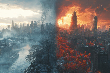 Wall Mural - a scene divided in two, with half showing a bustling, futuristic city and the other half a deserted,