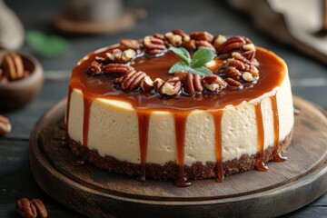 Canvas Print - indulge in rich cheesecake drizzled with caramel nuts a banner showcasing irresistibly sweet desserts