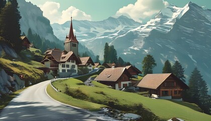 Wall Mural - Charming Swiss Alpine Pathway to Village and Historic Religious Structure