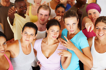 Fitness, group and portrait of people in class for exercise, support and training together on weekend. Happy, friends and above with confidence at health club for morning, wellness or workout in gym