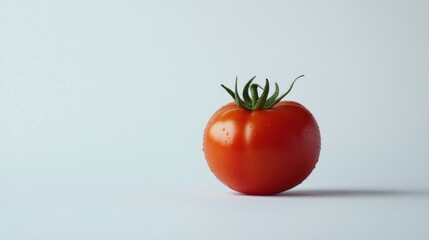 Poster - A Single Red Tomato with Water Droplets and a Green Stem