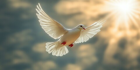 A white dove flies through the air with its wings spread wide against a background of clouds and sunlight.