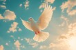 © Kind Bee Studio - A white dove in flight against a blue sky with fluffy white clouds.