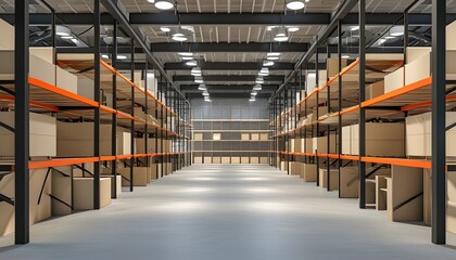 Modern 3D rendering of an empty concrete warehouse interior featuring a shelf and storage box design for retail and distribution purposes