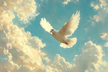 Wall Mural - a white dove soars through a blue sky with fluffy clouds, painted in a watercolor style.