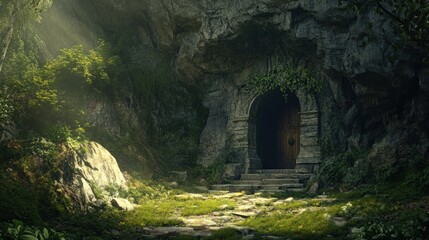 Wall Mural - Stone Archway Leading to a Dark Cave Entrance in a Lush Forest