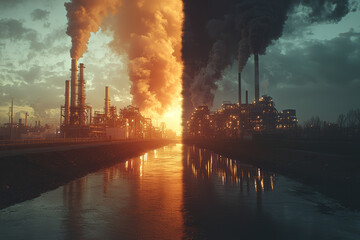 Wall Mural - A factory emitting clean energy on one side of the frame, while the other half shows a factory emitting dark, polluting smoke, contrasting sustainability versus pollution.