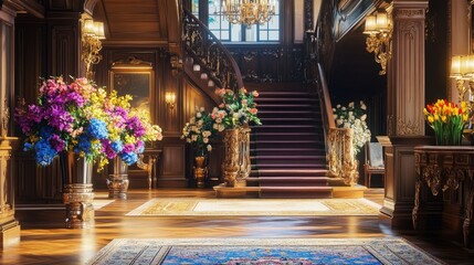 Majestic room with an elegant staircase leading up, filled with luxurious wooden tables and chairs, colorful flowers in vases creating a refined atmosphere