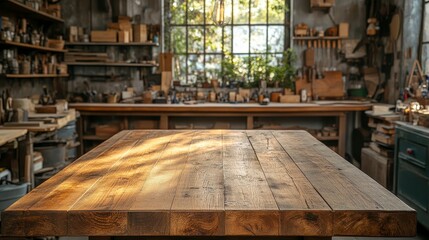 Wall Mural - A rustic workshop with a wooden table and tools, illuminated by natural light.