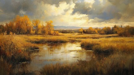 Sticker - Golden Meadow with a Winding Creek under a Cloudy Sky