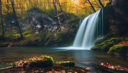 Wall Mural - Serene Autumn Waterfall Cascading Through a Peaceful Forest Landscape