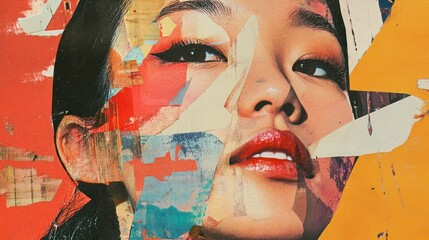 Wall Mural - Collage Portrait of a Woman with Red Lips and Black Eyeliner