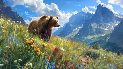 Canvas Print - Majestic Brown Bear in Mountain Meadow