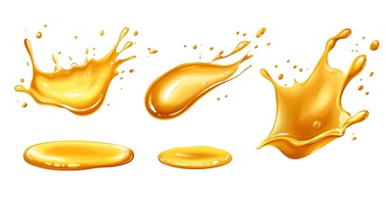 Wall Mural - Set of Golden Olive Oil Splashes and Droplets - Vector Illustration on White Background