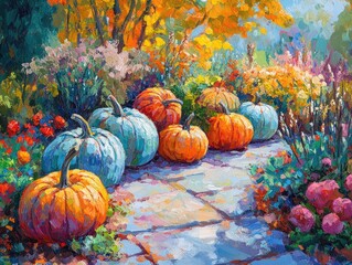 Canvas Print - Vibrant pumpkins in a garden setting