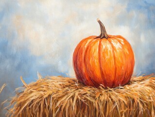 Canvas Print - Pumpkin on Hay Bale