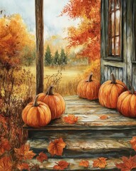 Canvas Print - Autumn pumpkins on a country porch