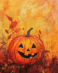 Wall Mural - Smiling pumpkin with orange backdrop autumn theme