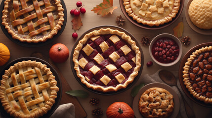 Wall Mural - A table filled with freshly baked pies, ready to be served for a festive fall or Thanksgiving feast.