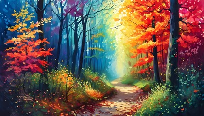 Wall Mural - Vibrant Autumn Pathway Winding Through a Multicolored Forest