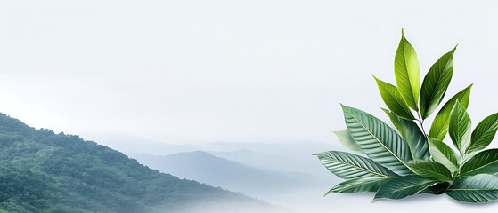 Wall Mural - A serene landscape featuring lush green leaves against a misty mountain backdrop, evoking tranquility and connection to nature.