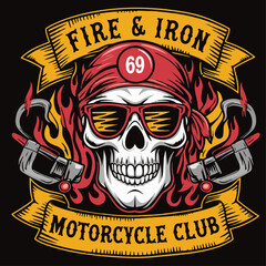 Sticker - Fire and iron Motorcyle club illustration vector .